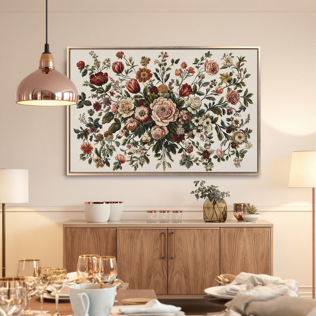 Framed Wall Art: Elegant floral Canvas Print in warm reds, greens, and creams. Perfect for adding a touch of vintage charm to your dining room decor.