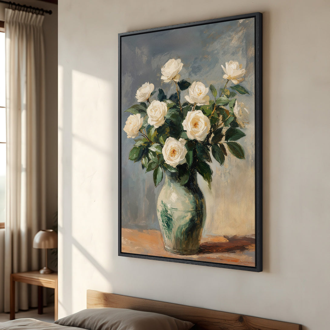 Framed Wall Art: Elegant floral canvas print featuring white roses in a vase. Soft, neutral color palette perfect for bedrooms and living rooms. Add art to your home today!