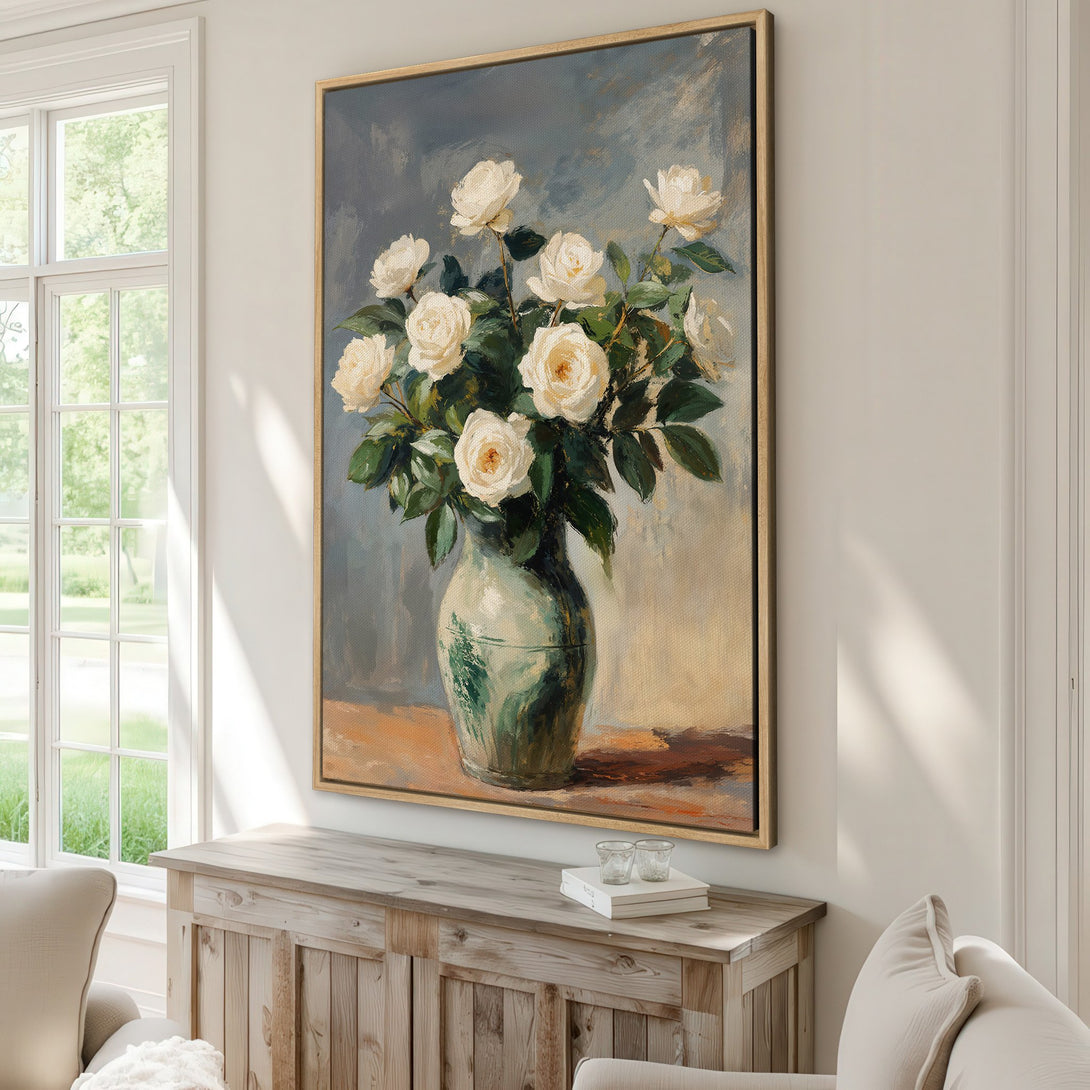 Framed Wall Art of white roses in a vase, painted in an impressionistic style with a soft, muted color palette. Perfect for adding elegance to your home!