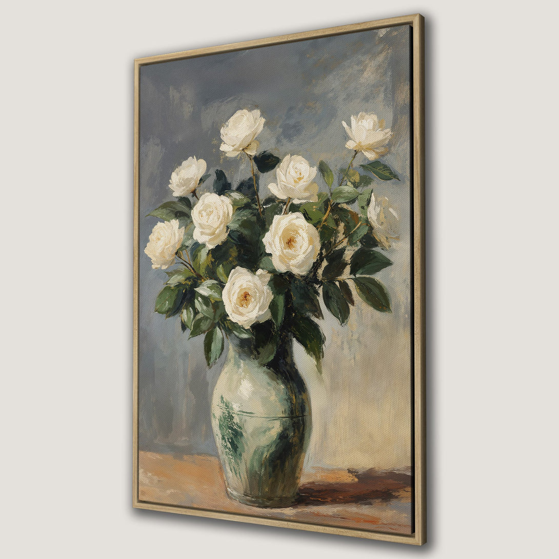 Framed Wall Art featuring a vintage-style floral still life of white roses in a vase. Soft, muted color palette with greens, blues, and creams. Perfect home decor.