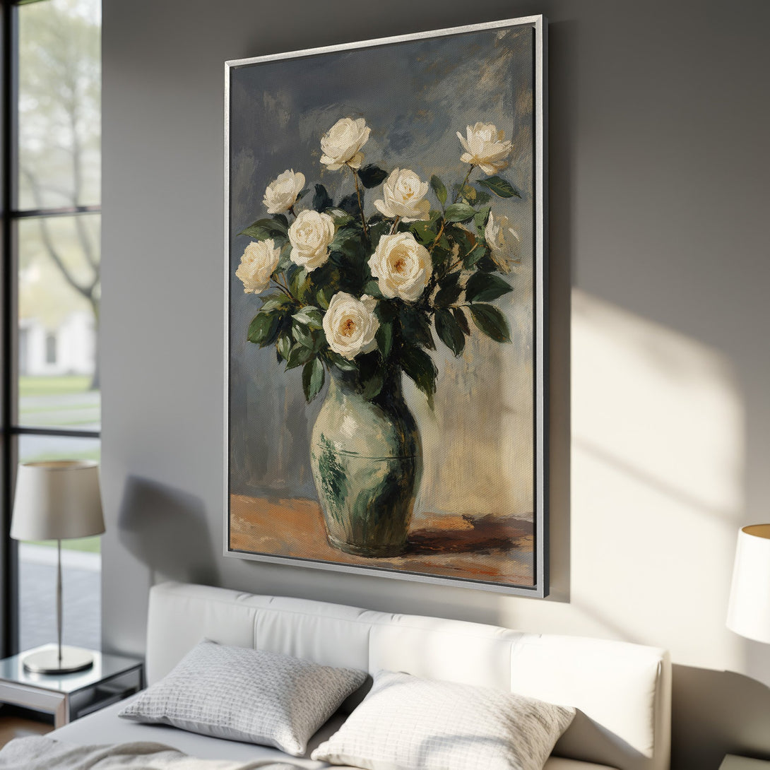 Framed Wall Art: Elegant floral canvas print of white roses in a vase. Classic style, soft color palette, perfect for bedroom decor.