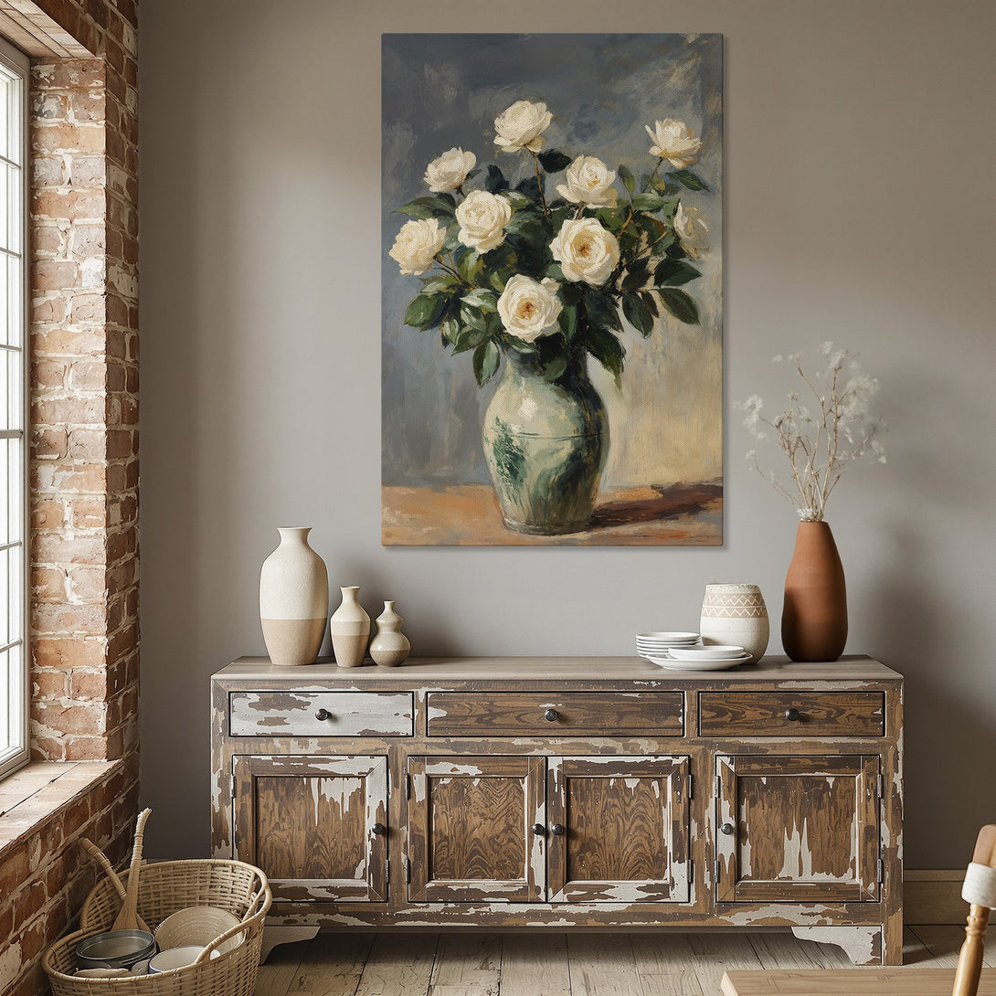 Framed Wall Art: Elegant floral still life Canvas Print with white roses in a vase, displayed in a dining room. Soft, neutral color palette.