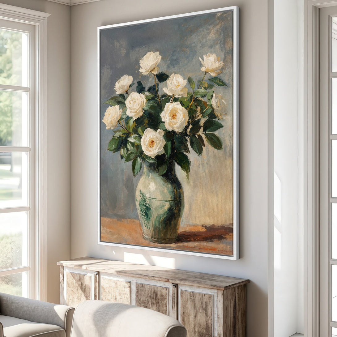 Framed Wall Art: Elegant floral still life Canvas Print. Features white roses in a vase with a muted, neutral color palette. Perfect for home decor!