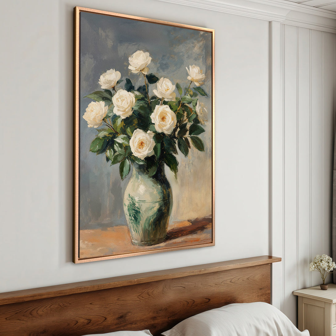 Framed Wall Art: Elegant floral canvas print of white roses in a vase. Soft, muted color palette adds a touch of timeless beauty to any space.