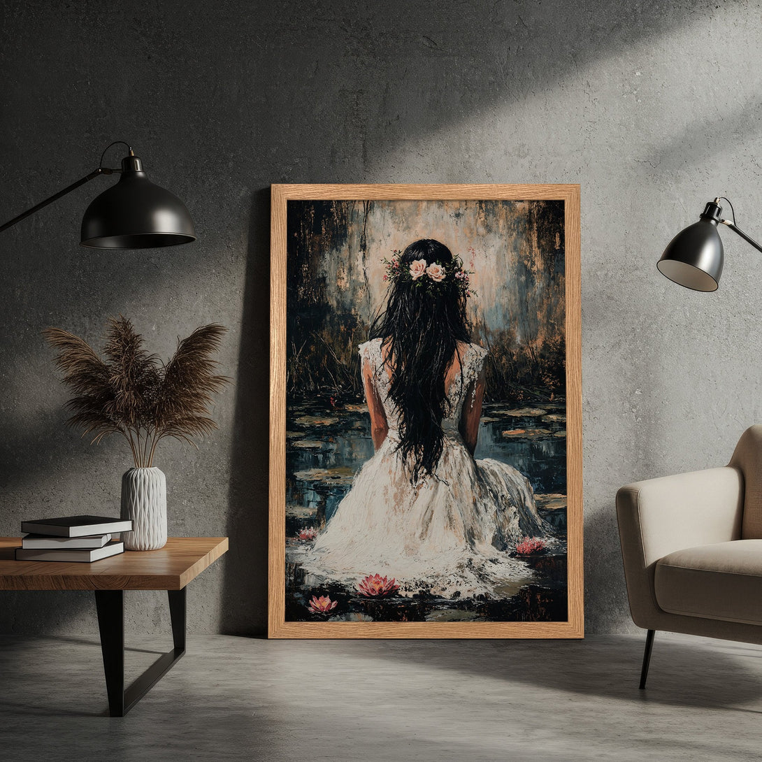 Framed Poster featuring a woman in a white dress, impressionistic style, with a muted color palette of browns, greens, and whites.