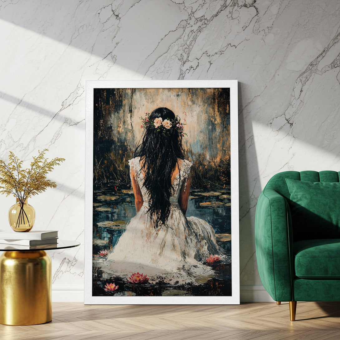 Framed Poster featuring a woman in a white dress with a floral crown, impressionistic style, earthy tones with pops of pink.