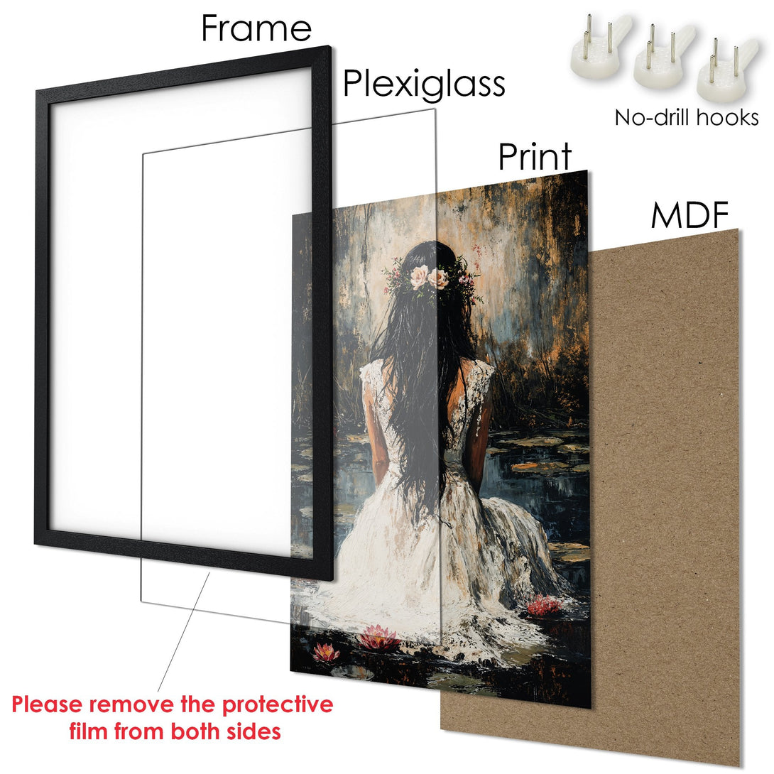Framed Poster featuring a woman in a white dress, impressionist style, with a neutral and earthy color palette. Perfect wall art!