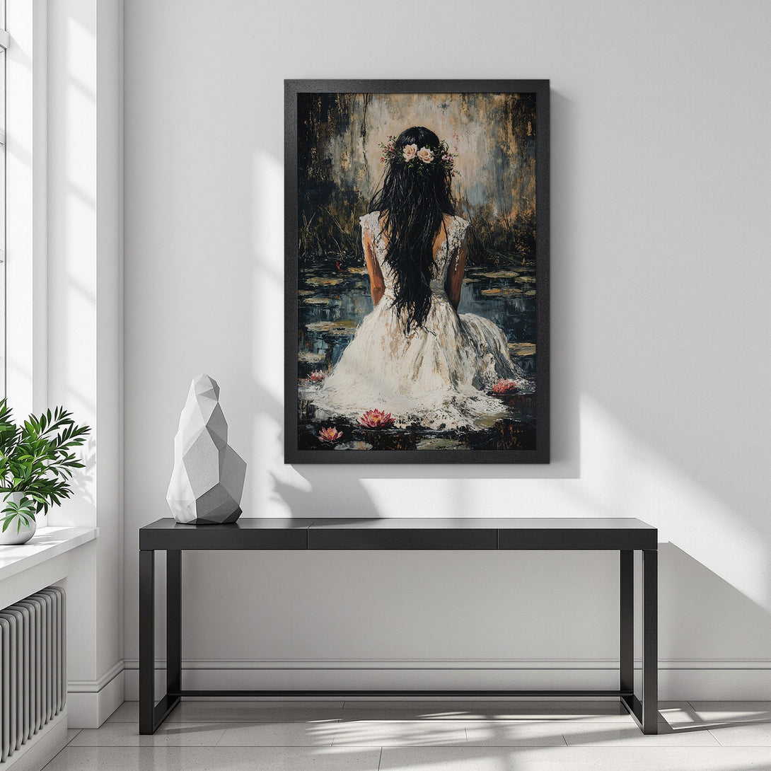 Framed Poster featuring a woman in a white dress, impressionistic style, with a neutral and earthy color palette. Perfect wall art!