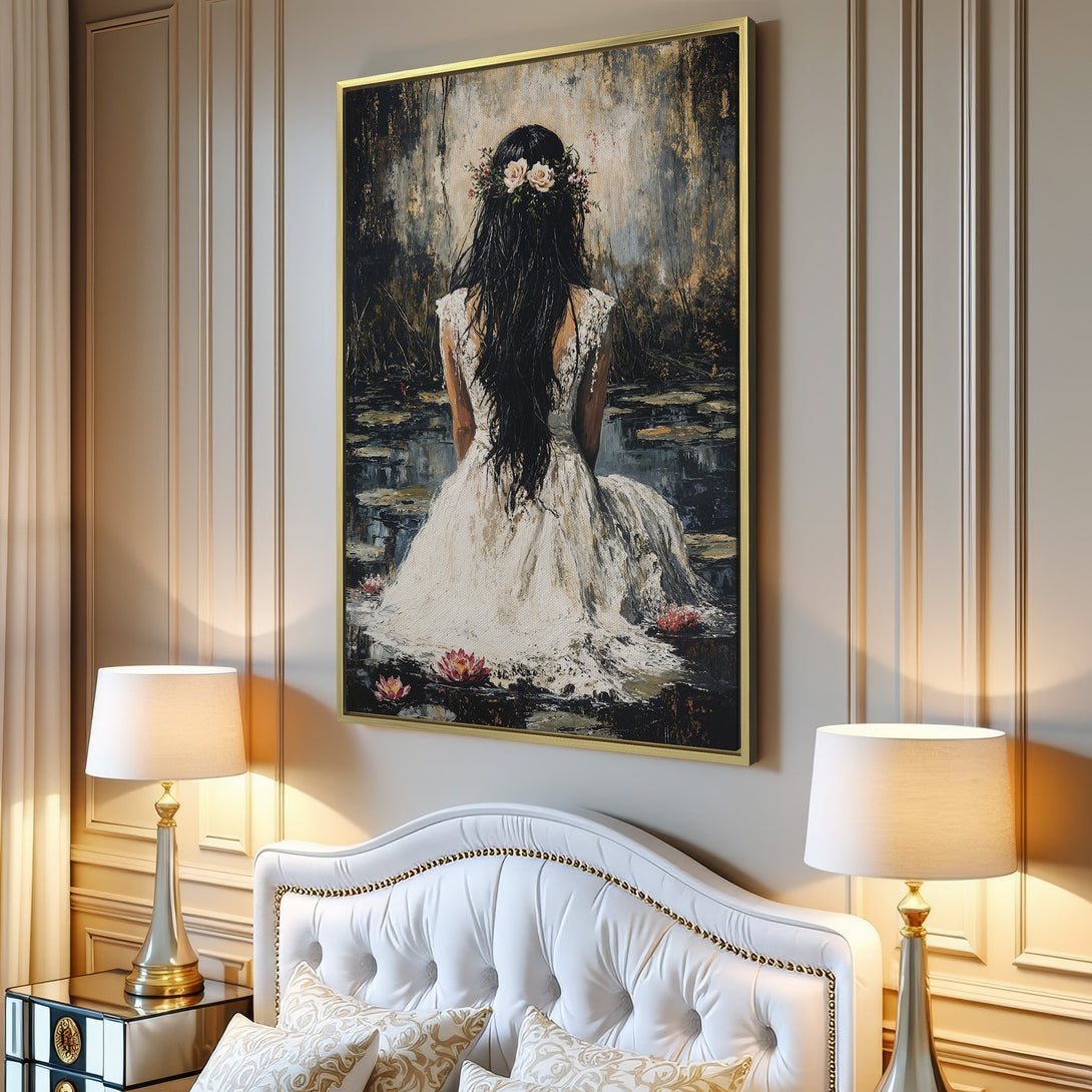 Canvas Print of a woman in a white dress, impressionist style, neutral and dark color palette, perfect for modern decor.