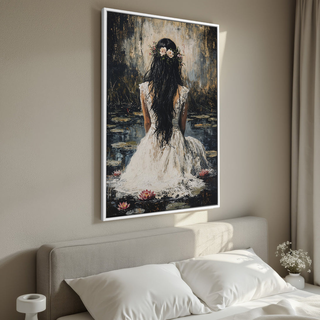 Framed Wall Art: Impressionist painting of woman in white dress with floral crown, serene water scene. Neutral tones with pops of pink. Perfect bedroom decor.