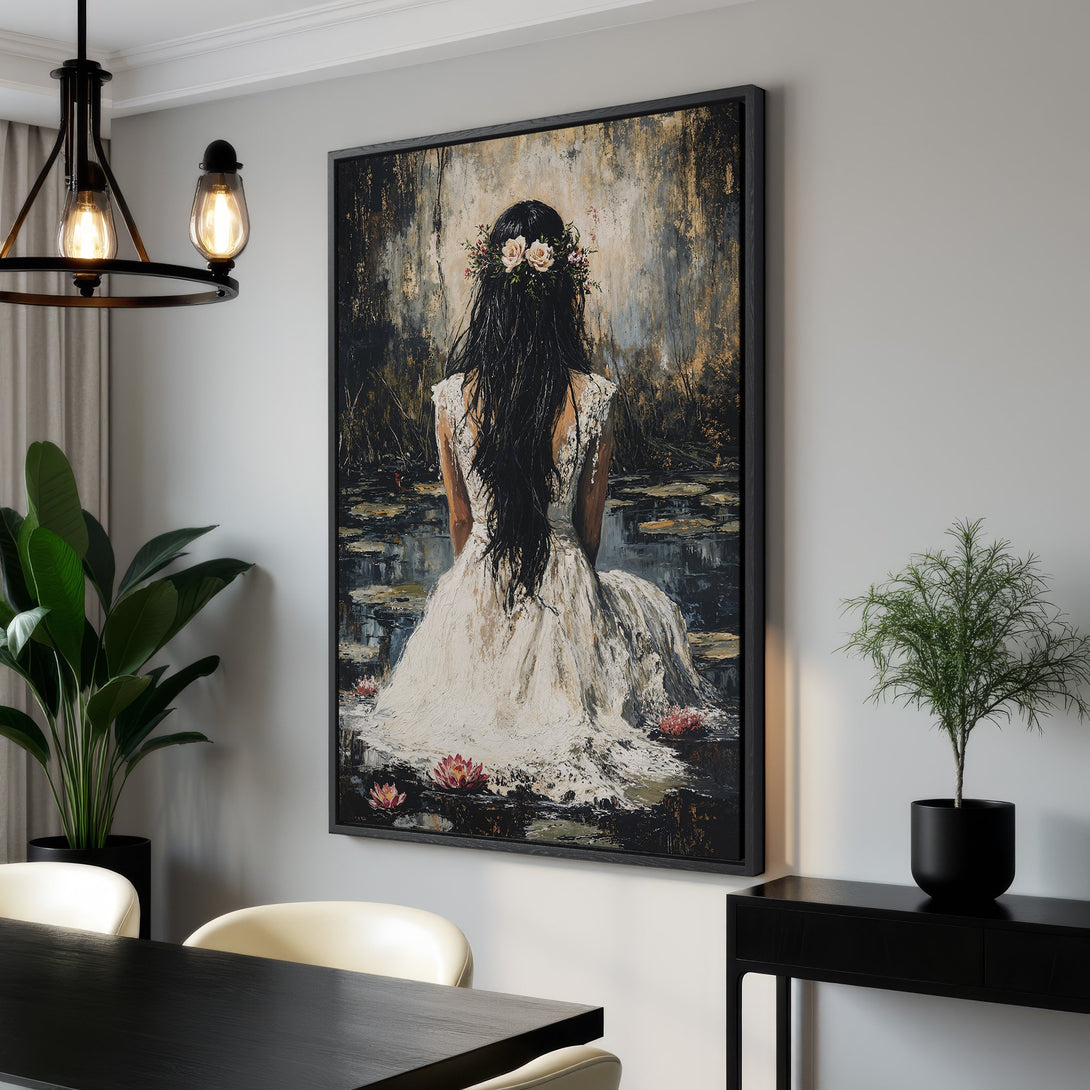 Framed Wall Art: Elegant woman in white dress, impressionist style, neutral & gold tones. Perfect for living room decor. Shop Canvas Prints today!