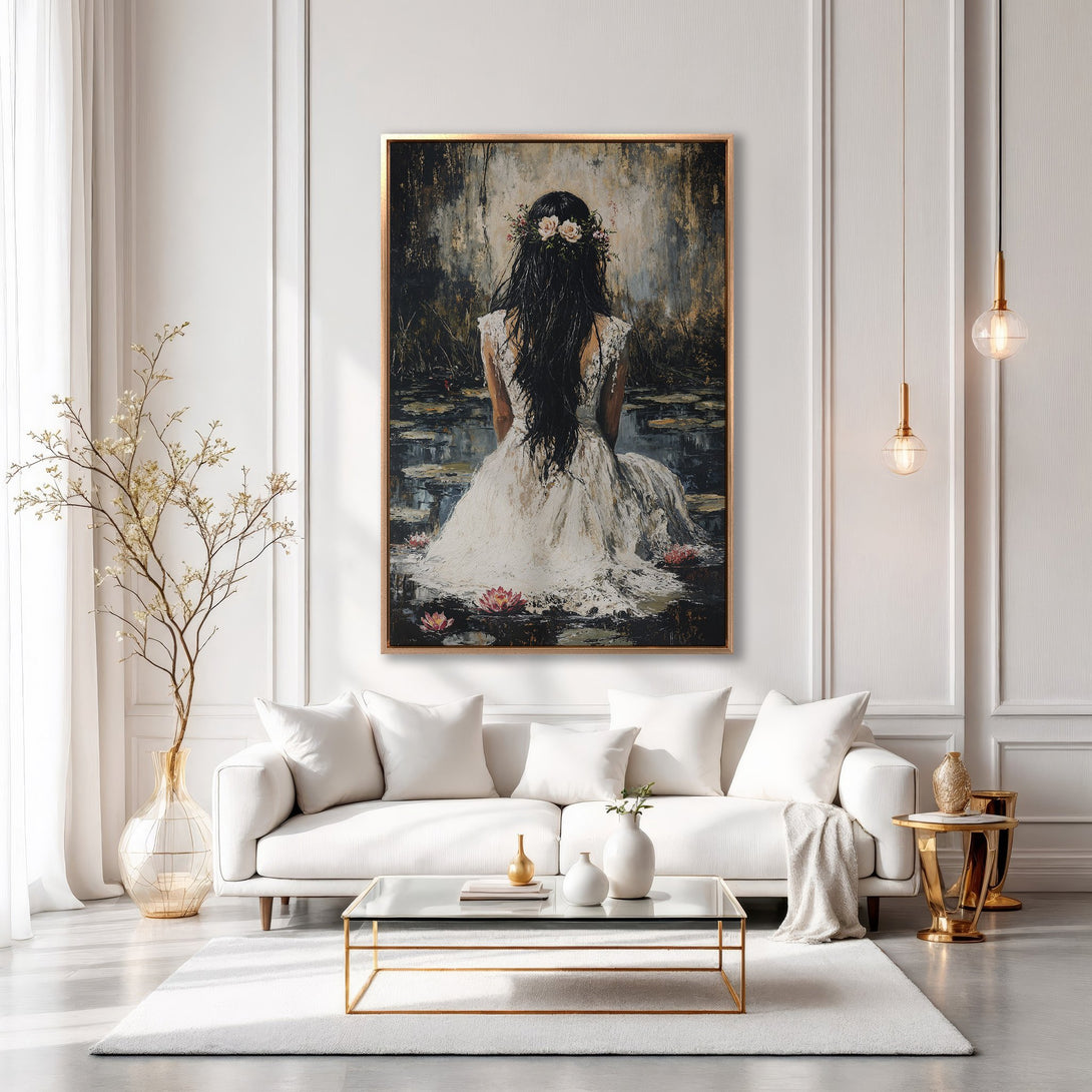 Framed Wall Art: Elegant woman in white dress, impressionist style, neutral & gold tones. Perfect for adding a touch of serene beauty to your home.