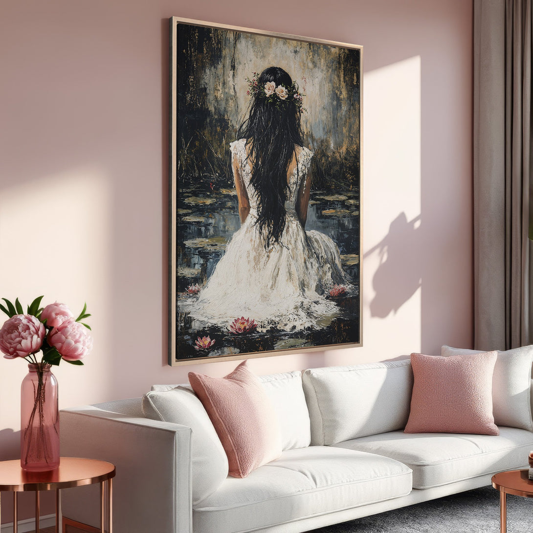 Framed Wall Art: Elegant woman in white dress, impressionist style, with a dark, moody background. Soft pink and neutral tones create a calming interior.