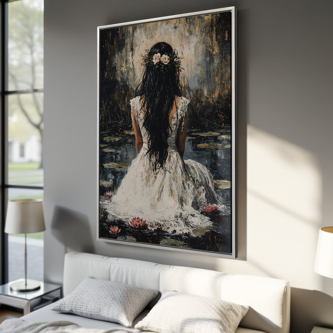 Framed Wall Art: Impressionist painting of woman in white dress, floral crown, serene water scene. Earthy tones, perfect for bedroom decor.