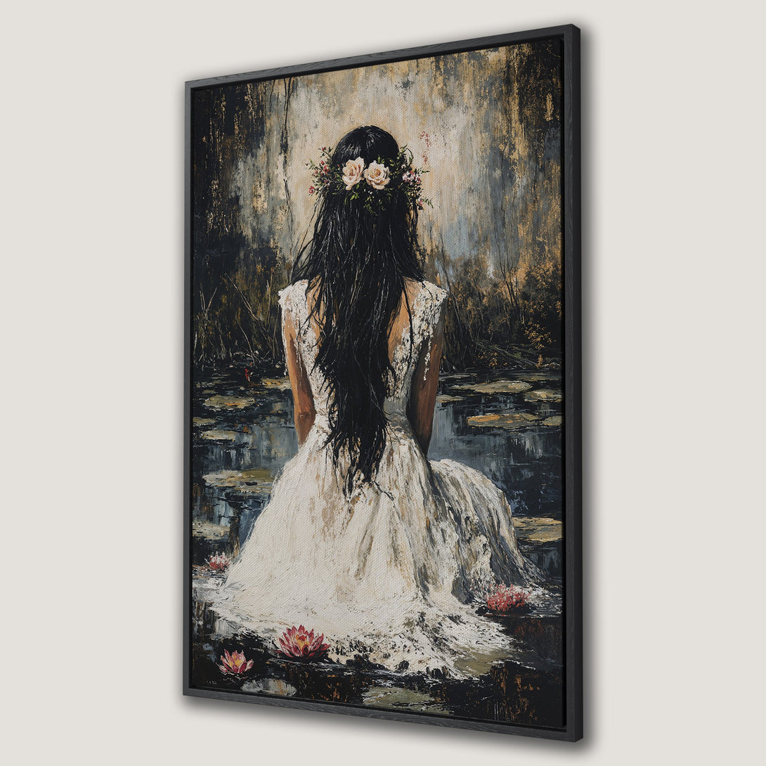 Framed Wall Art: Woman in white dress, floral crown, serene pond scene. Impressionistic style, moody black, gold, and white color palette. Perfect for home decor.