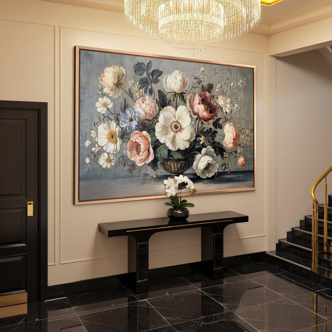 Framed Wall Art: Elegant floral Canvas Print in a classic style, featuring a soft color palette of pink, white, and blue. Perfect for luxury decor.