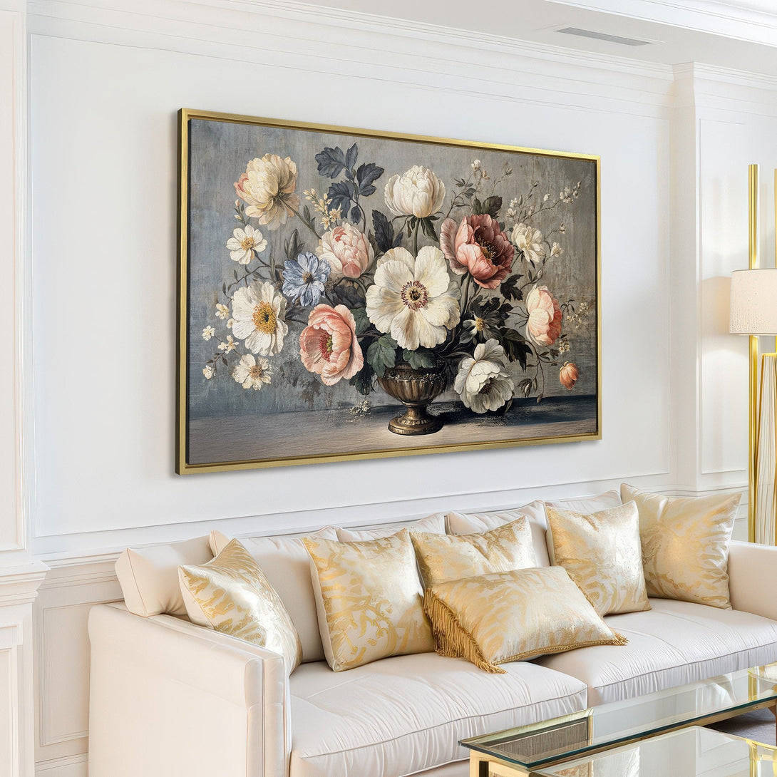 Canvas Print of a floral still life in a neutral color palette, displayed in a modern living room. Enhance your space with elegant wall art.