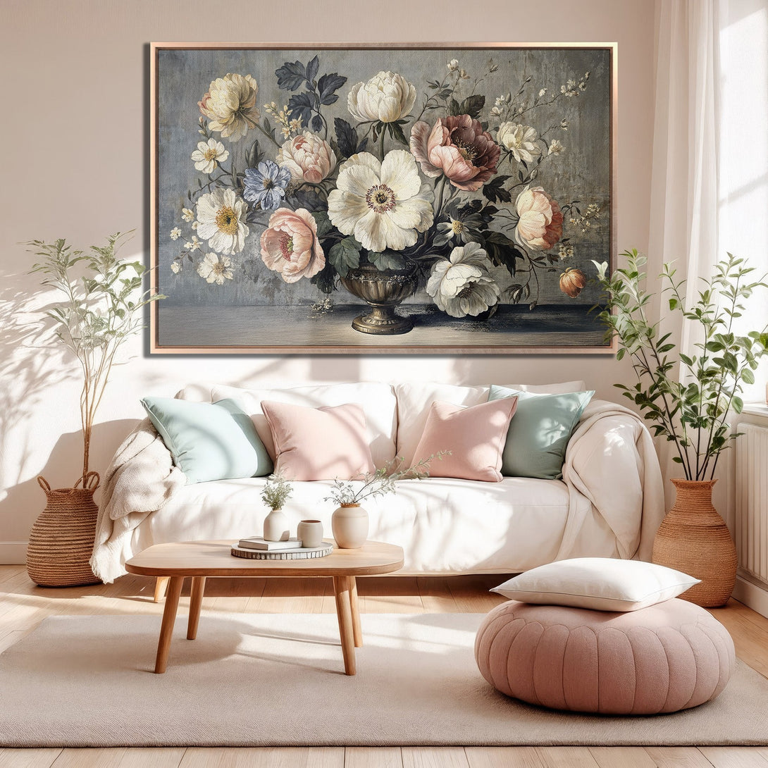 Framed Wall Art featuring a vintage floral bouquet in soft pinks, creams, and blues. Perfect for adding a touch of elegance to any living space.