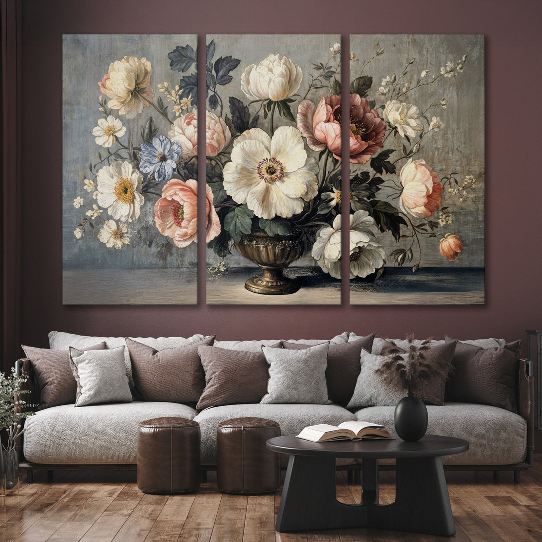 Canvas Print of a floral still life in a vintage style, featuring a muted color palette of cream, pink, and gray. Perfect wall decor!