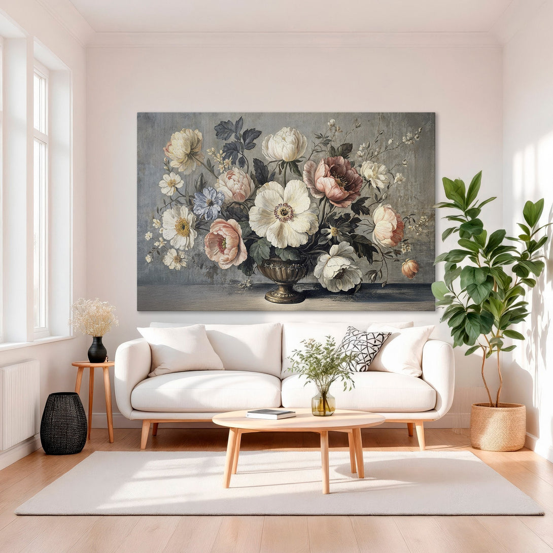 Framed Wall Art: Elegant floral canvas print in a gold frame. Features a vintage style with a soft, muted color palette of pink, white, and gray. Perfect for home decor.