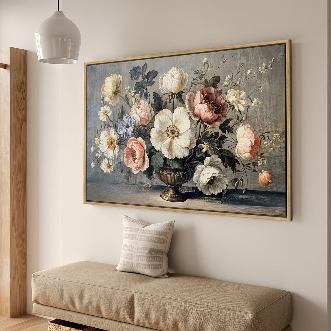 Framed Wall Art: Vintage floral Canvas Print in muted tones. Featuring a classic bouquet with pink, white, and blue flowers against a gray background.