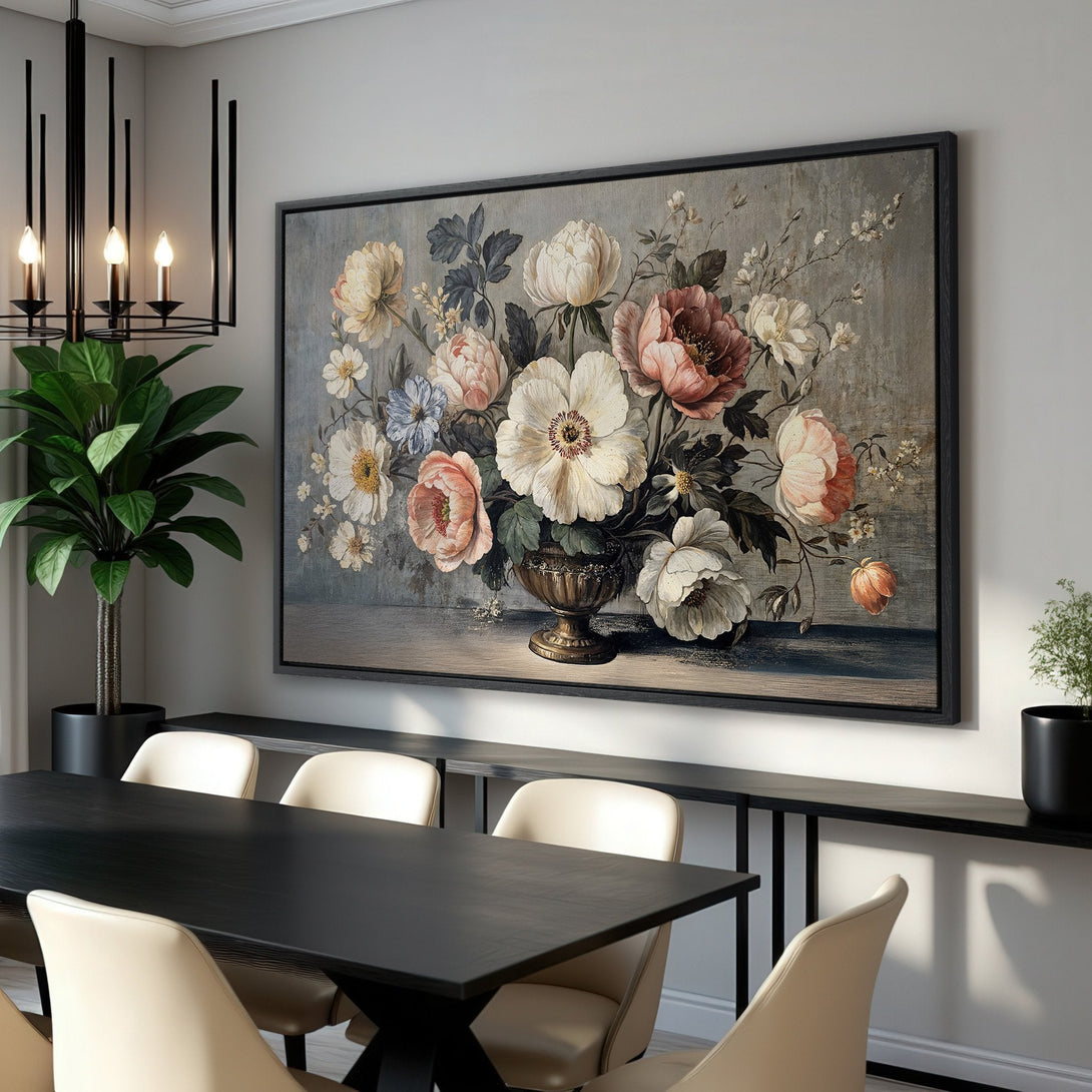 Framed Wall Art: Vintage floral Canvas Print in a dining room. Features a classic style with a muted color palette of pinks, whites, and grays.