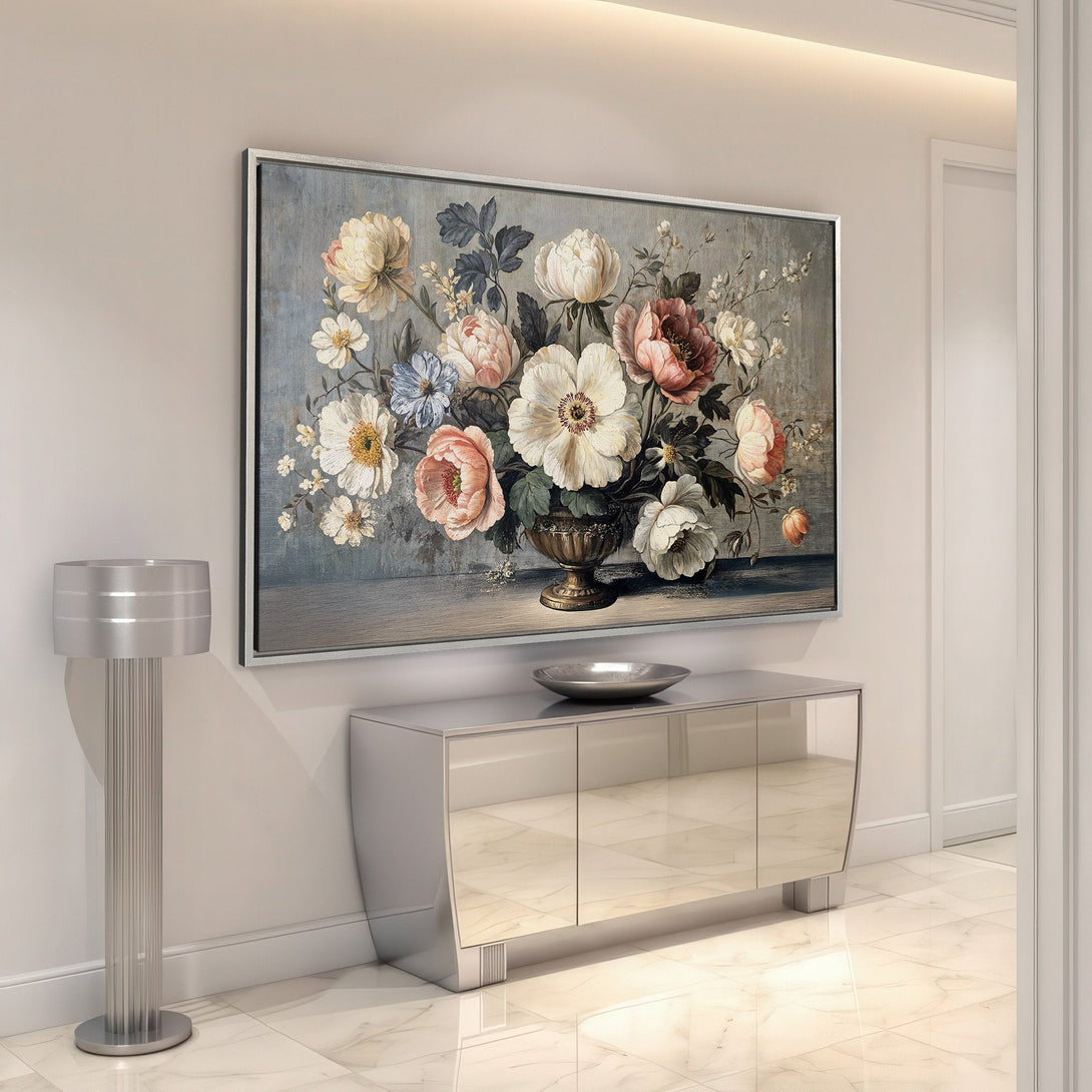 Framed Wall Art: Vintage floral Canvas Print with a soft, muted color palette. Perfect for adding elegance to any space.