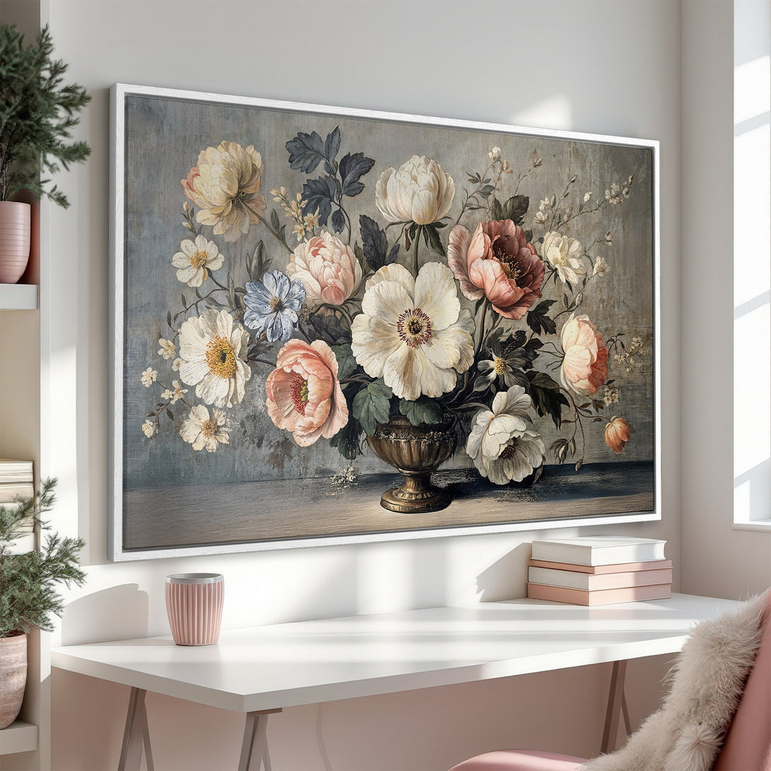 Framed Wall Art featuring a vintage floral still life in soft blush, cream, and gray tones, perfect for adding elegance to your home decor.
