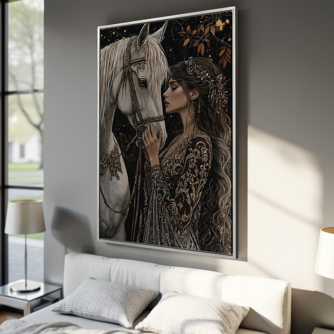 Framed Wall Art: Dramatic portrait of a woman with a raven, painted in an expressive style with a red, black, and white color palette. Perfect for your bedroom decor!