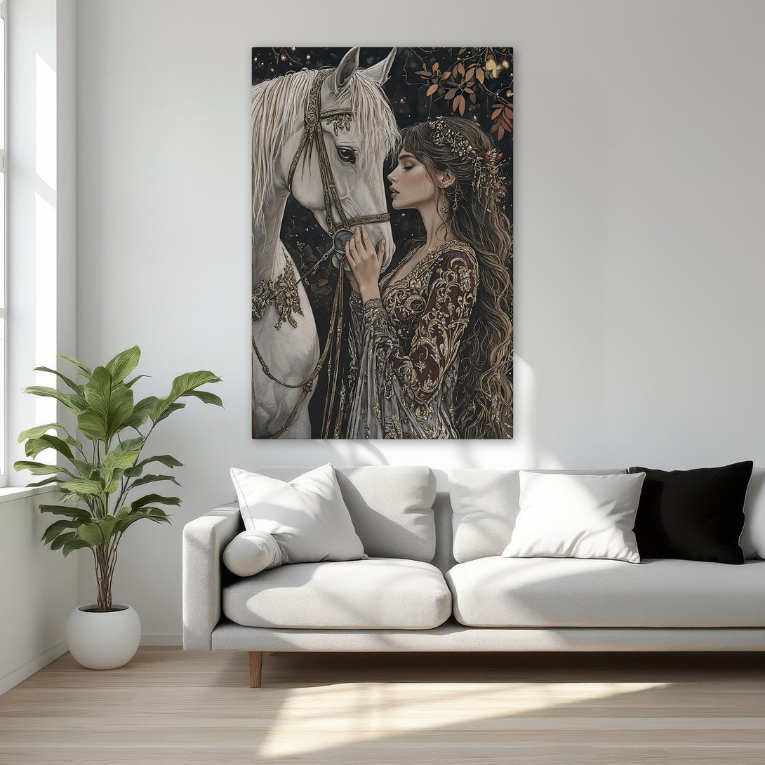 Framed Wall Art: Regal woman with raven in a red chair. Dramatic oil painting style with a rich red, black, and gold color palette. Elevate your decor!