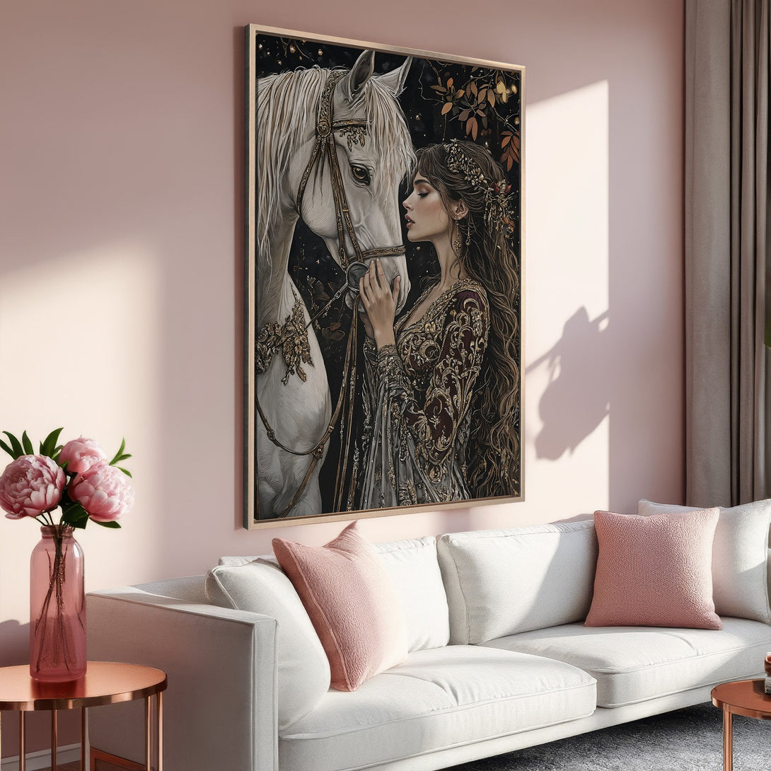 Framed Wall Art: Elegant woman with raven oil painting. Rich red, black, and white palette. Perfect for adding a touch of gothic art to your home decor.