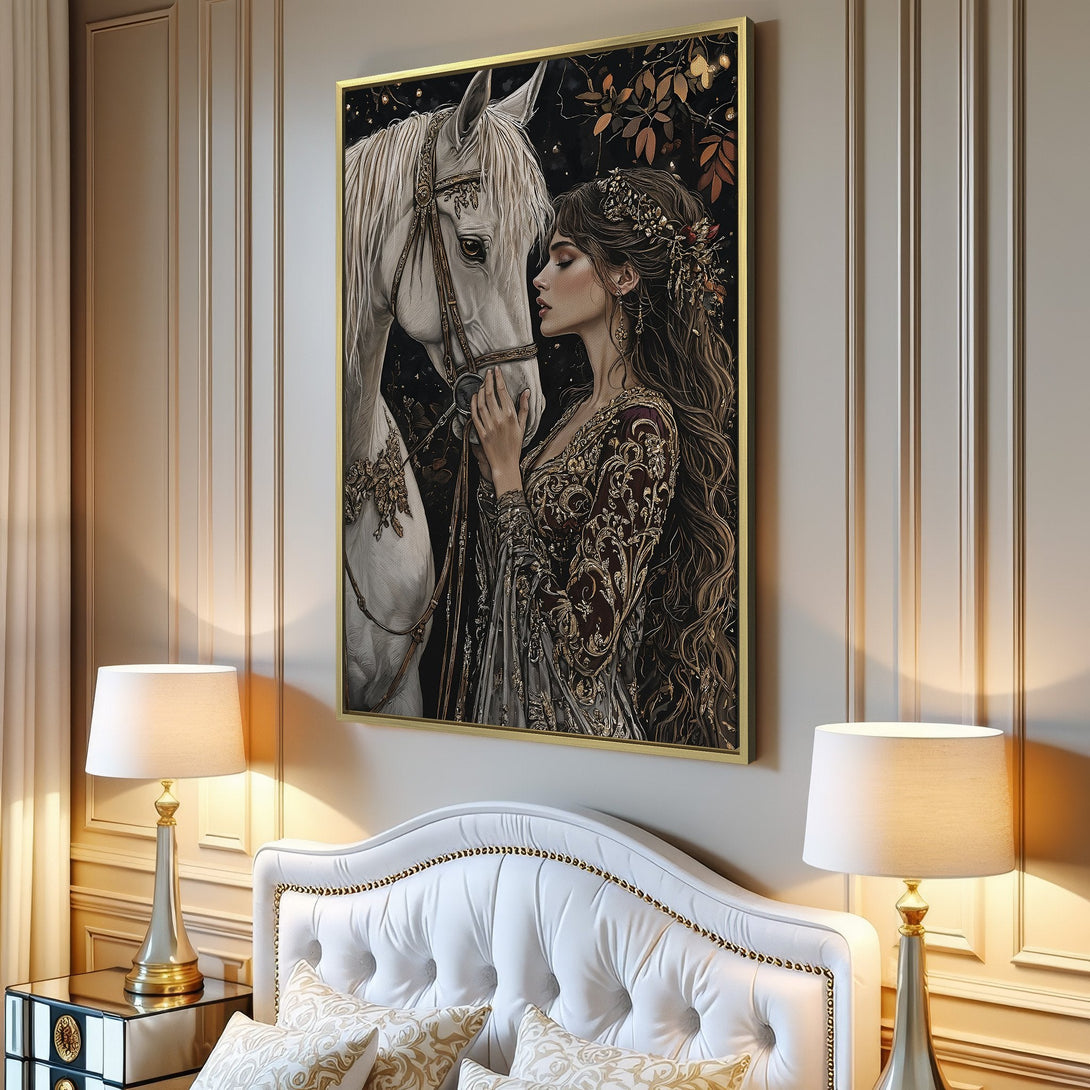 Canvas Print featuring a woman with a raven, dramatic oil painting style, rich red and gold tones. Elevate your space with this stunning artwork!