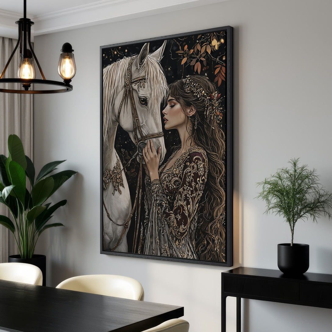 Framed Wall Art: Gothic portrait of a woman with a raven, rich red and black palette. Enhance your space with this stunning canvas print!