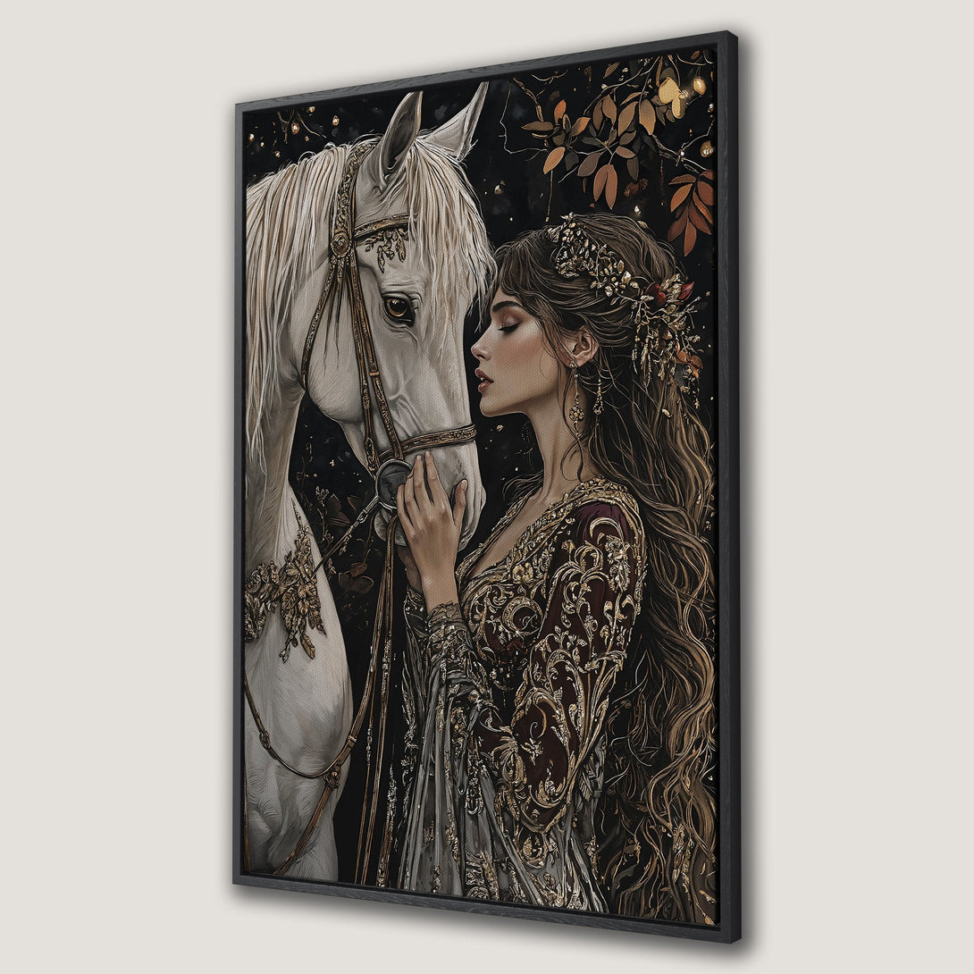 Framed Wall Art: Dramatic portrait of a woman with a raven, painted in an expressive style. Rich red, black, and white color palette for a bold statement.
