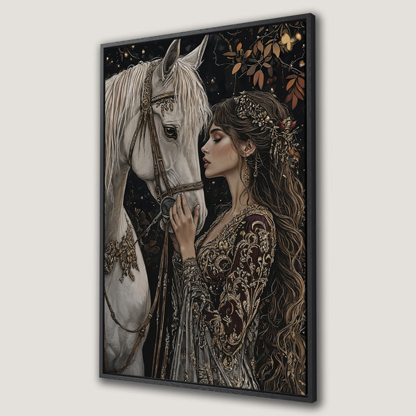 Framed Wall Art: Dramatic portrait of a woman with a raven, painted in an expressive style. Rich red, black, and white color palette for a bold statement.