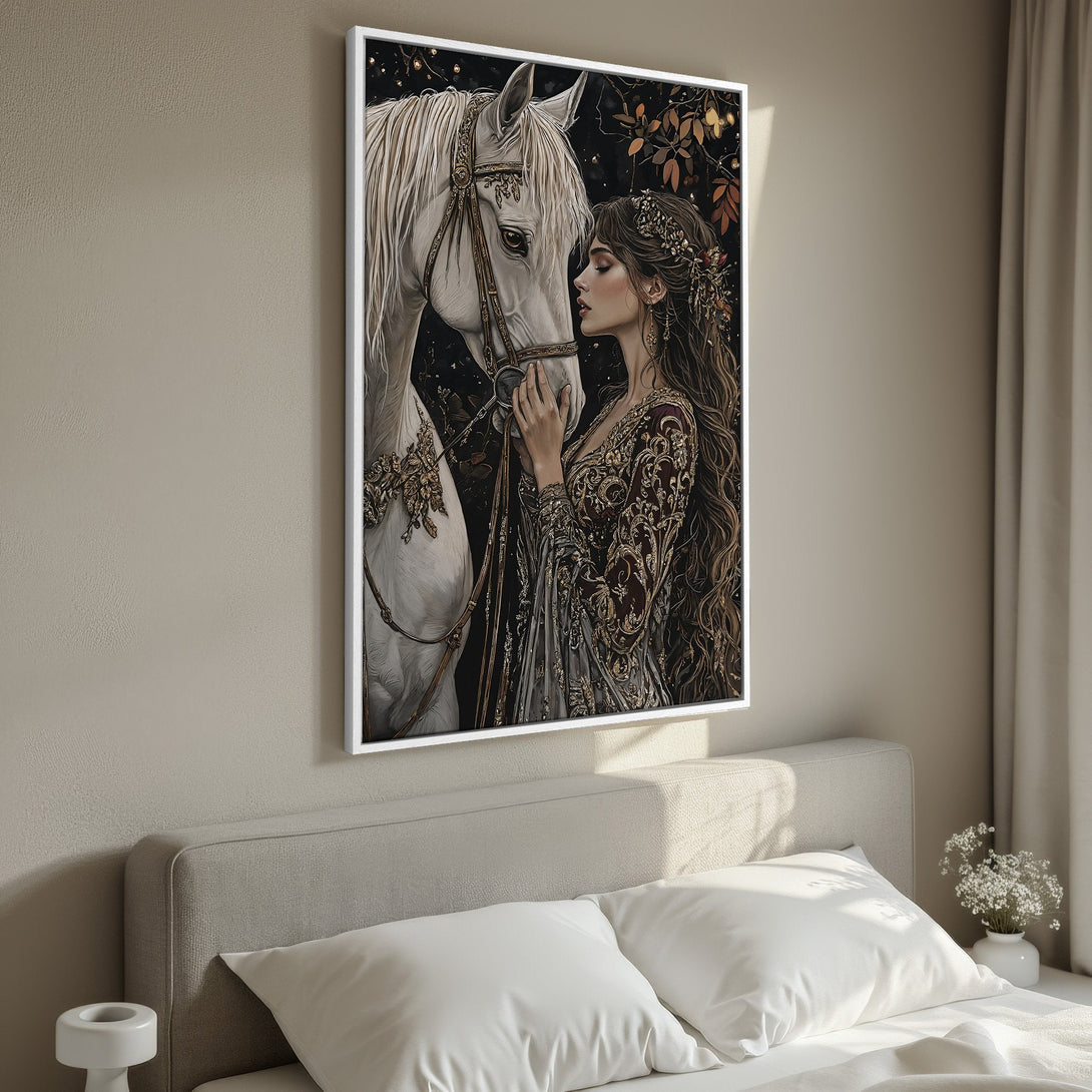 Framed Wall Art: Dramatic portrait of a woman with a raven in a red chair. Rich color palette with reds, blacks, and whites. Perfect for bedroom decor.