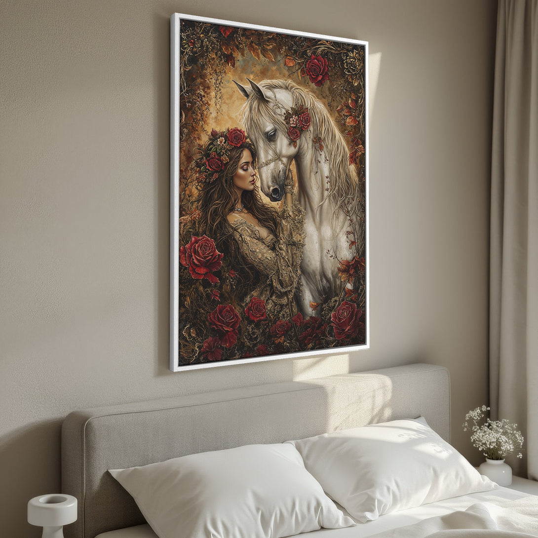 Framed Wall Art: Romantic woman & white horse canvas print. Warm color palette with red roses & gold accents. Perfect for bedroom decor.