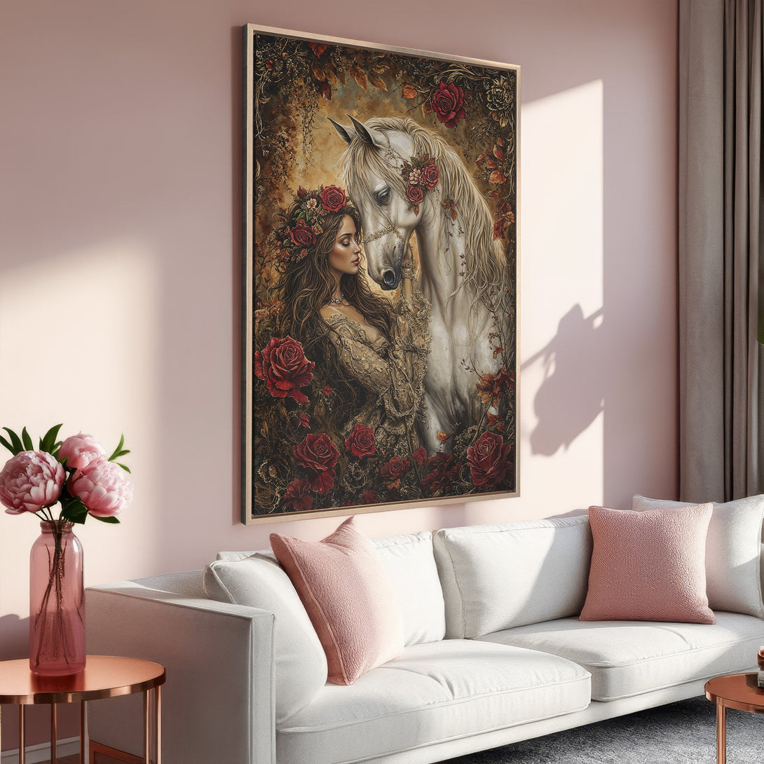 Framed Wall Art: Romantic woman & white horse with red roses. Elegant canvas print in warm, earthy tones. Perfect for bedroom or living room decor.