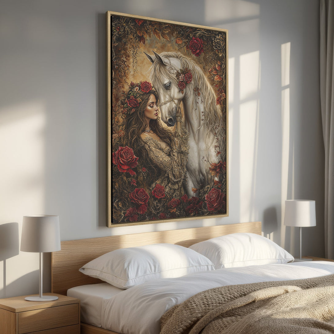 Framed Wall Art: Romantic painting of woman and horse. Warm, earthy tones with pops of red. Perfect for bedroom decor. Shop now!