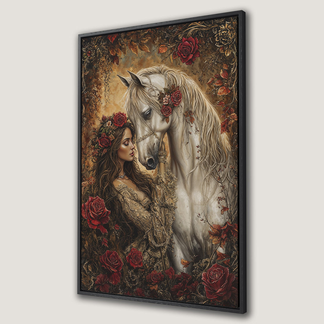 Framed Wall Art: Romantic canvas print of a woman and white horse, featuring a warm color palette with red roses and a vintage, ethereal style.