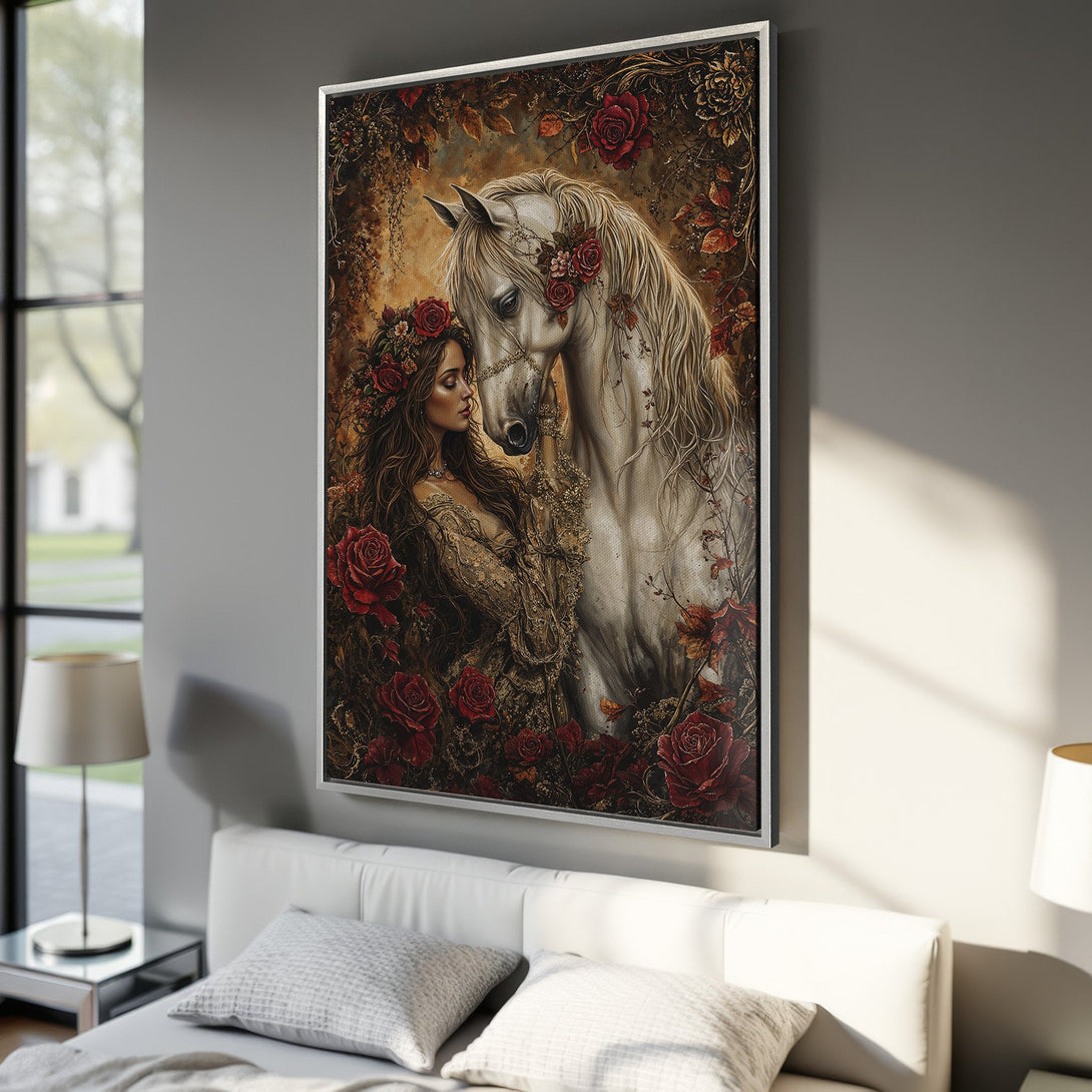 Framed Wall Art: Romantic canvas print of a woman and white horse, adorned with red roses. Features a warm, rich color palette perfect for bedroom decor.