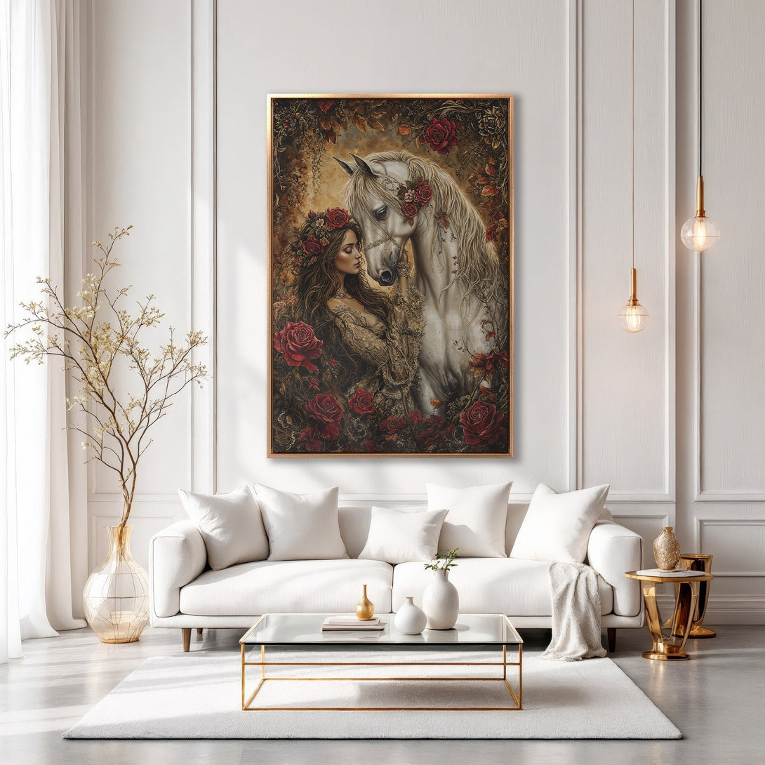 Framed Wall Art: Romantic woman & white horse canvas print. Elegant, vintage style with red roses and warm color palette for a cozy interior.