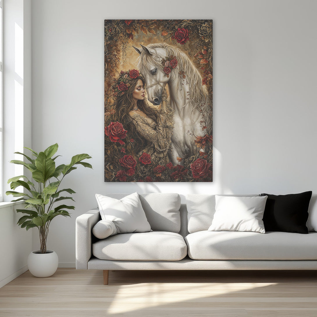 Framed Wall Art: Romantic scene with woman and white horse, featuring rich reds and golds. Elegant canvas print for bedroom decor.