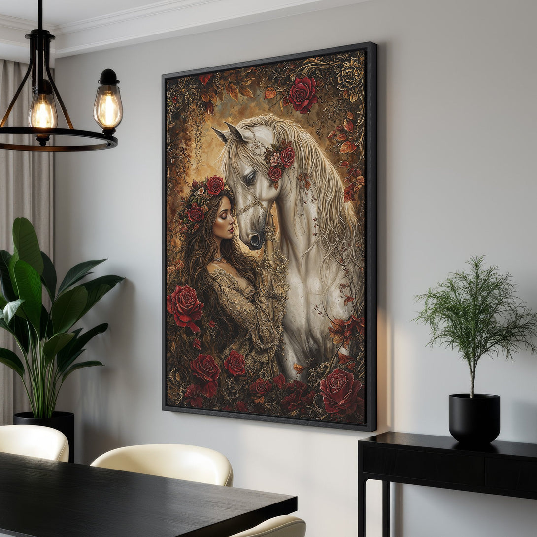 Framed Wall Art: Romantic woman & white horse canvas print. Rich red & gold color palette. Perfect for elegant home decor. Shop now!