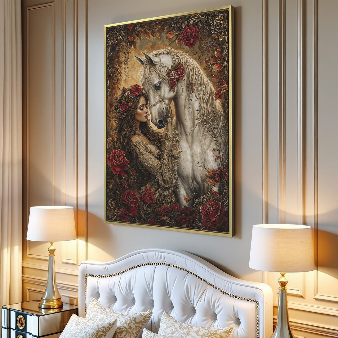Canvas Print featuring a woman and white horse with red roses, in a romantic, fantasy style. Warm, earthy color palette. Perfect wall art.