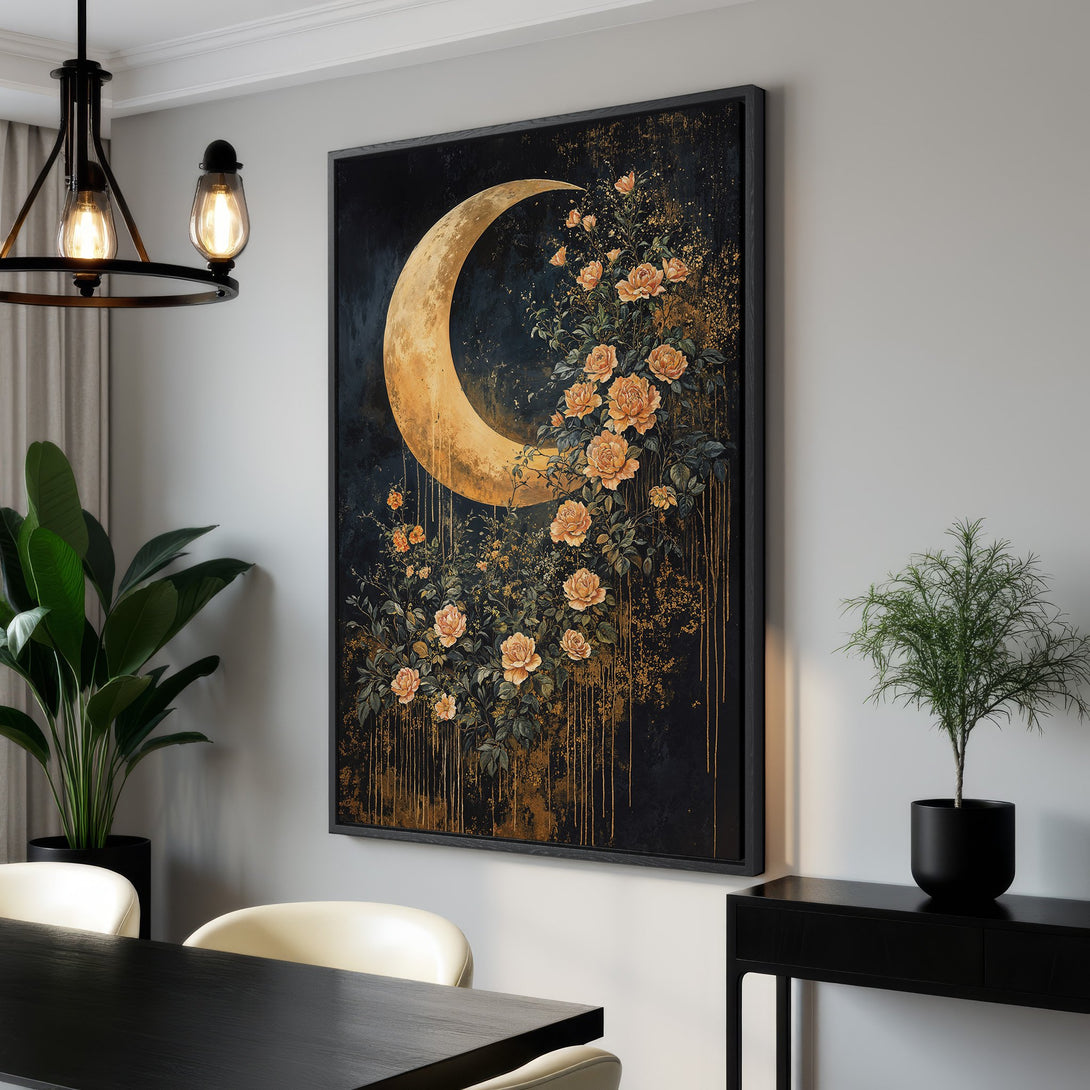 Framed Wall Art featuring a golden moon and floral arrangement on a dark background. Elegant, botanical style with a warm, inviting color palette. Perfect for home decor.