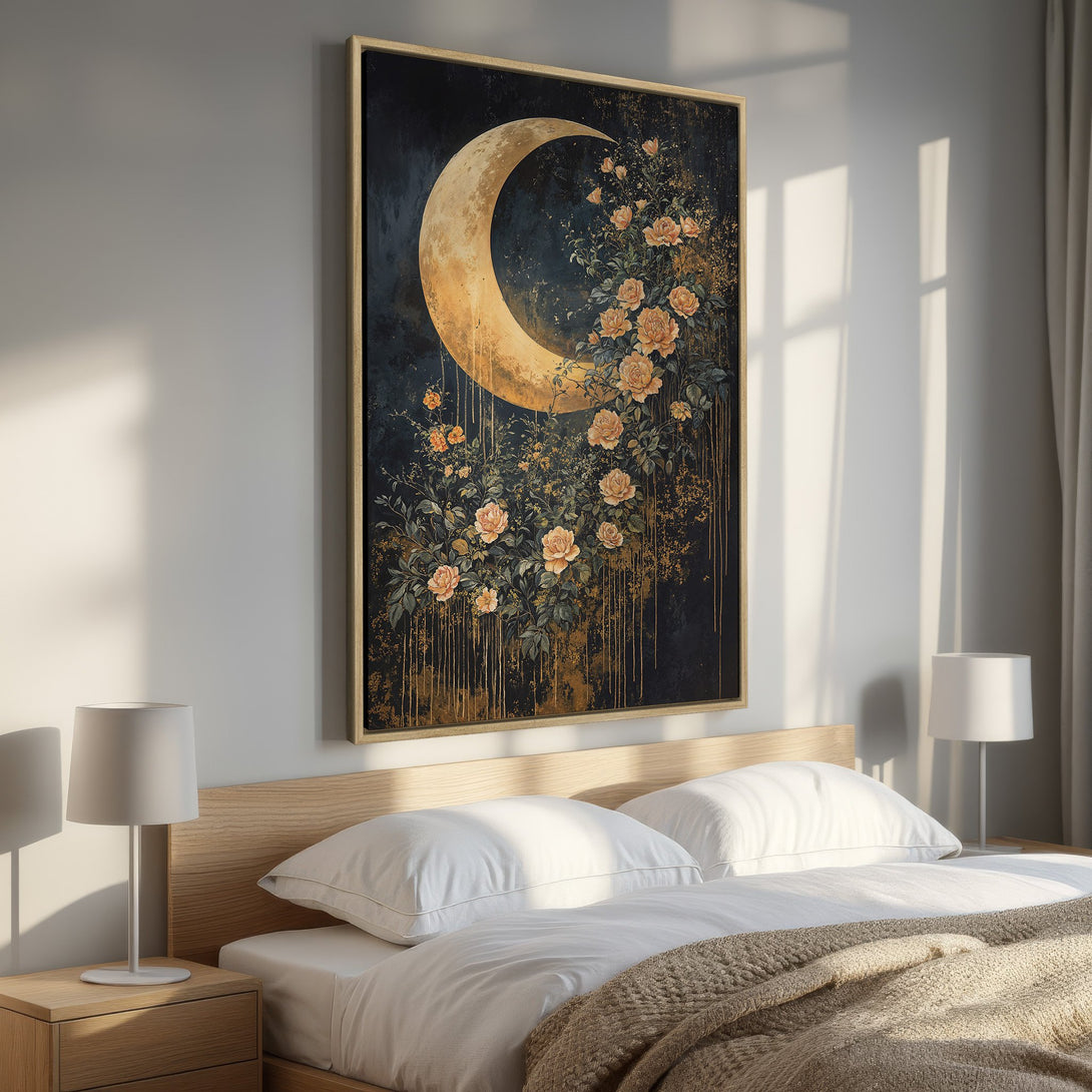 Framed Wall Art featuring a crescent moon and floral design in a dark, moody palette with gold and peach tones, perfect bedroom decor.