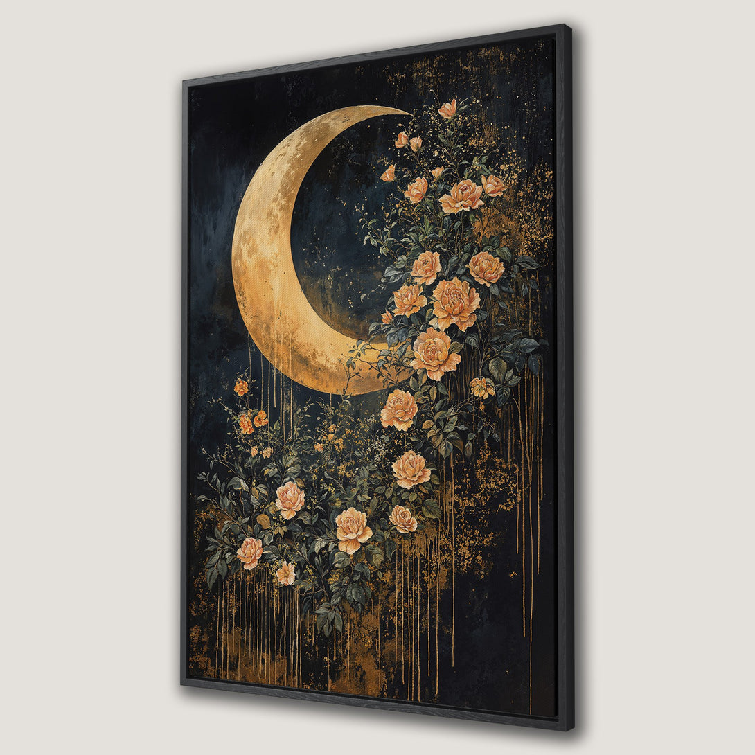 Framed Wall Art featuring a celestial moon and floral design in a dark, moody style with gold and peach tones, perfect for home decor.