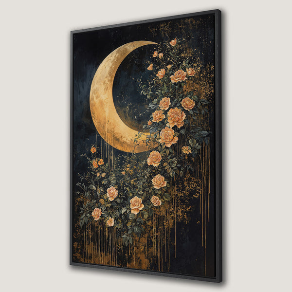Framed Wall Art featuring a celestial moon and floral design in a dark, moody style with gold and peach tones, perfect for home decor.