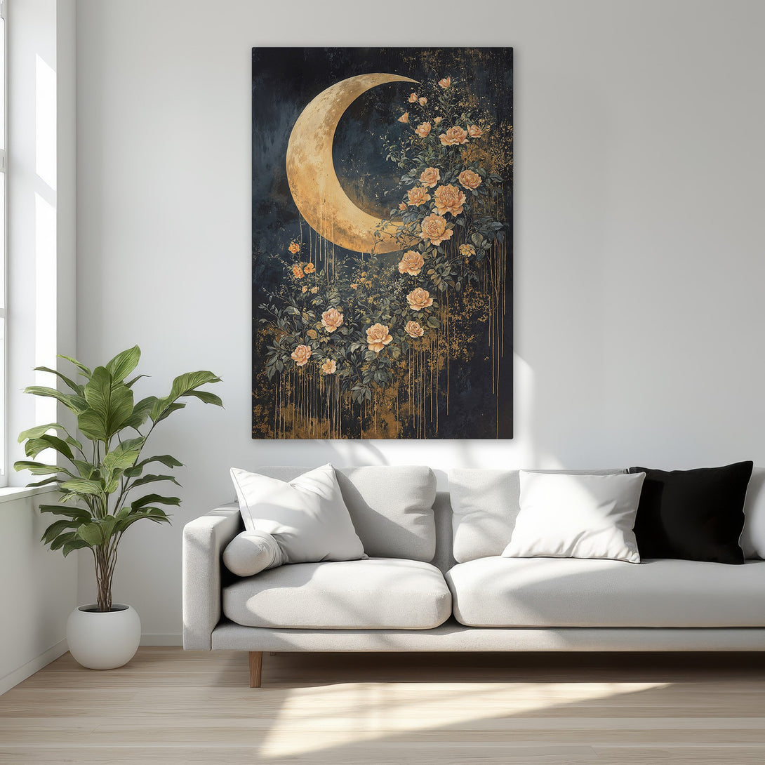 Framed Wall Art: Moon & rose floral canvas print in a bedroom. Dark, gold, and peach color palette. Elegant, romantic wall decor.